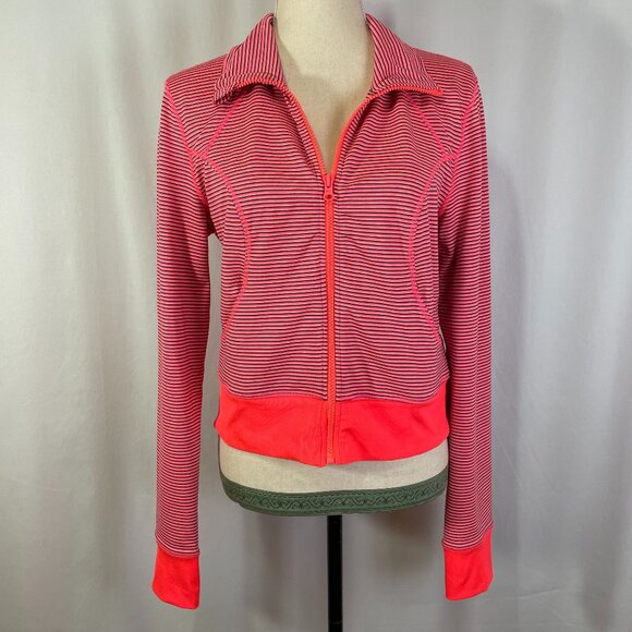Zella Full Zip Activewear Jacket Size M Bright Coral Pink Stripe Thumbholes - Picture 1 of 10